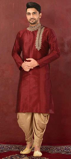 Red and Maroon color Dhoti Kurta in Dupion Silk fabric with Embroidered, Thread work : 1681294