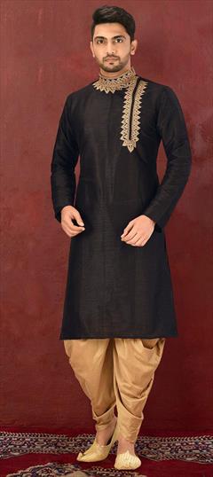 Black and Grey color Dhoti Kurta in Dupion Silk fabric with Embroidered, Thread work : 1681296