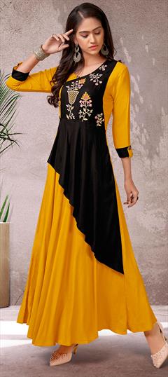 Casual Black and Grey, Yellow color Kurti in Rayon fabric with A Line, Long Sleeve Embroidered, Resham, Thread work : 1681471