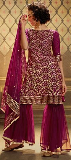 Festive, Party Wear Purple and Violet color Salwar Kameez in Net fabric with Sharara Sequence work : 1681926