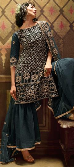 Festive, Party Wear Green color Salwar Kameez in Net fabric with Sharara Sequence work : 1681927