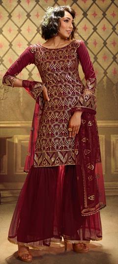 Festive, Party Wear Red and Maroon color Salwar Kameez in Net fabric with Sharara Sequence work : 1681929