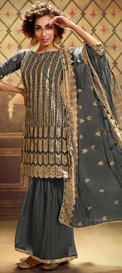 Festive, Party Wear Black and Grey color Salwar Kameez in Net fabric with Sharara Sequence work : 1681930