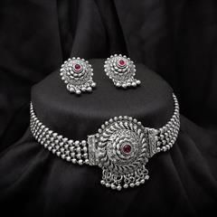 Red and Maroon color Necklace in Metal Alloy studded with CZ Diamond & Silver Rodium Polish : 1682520