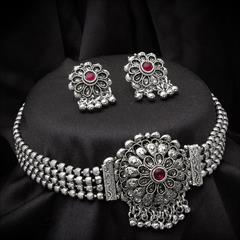 Red and Maroon color Necklace in Metal Alloy studded with CZ Diamond & Silver Rodium Polish : 1682526