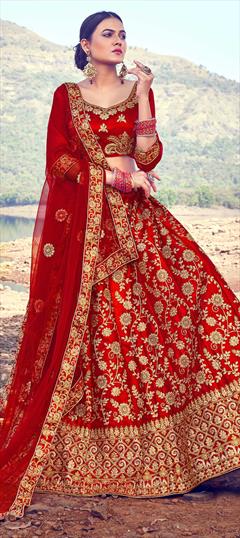 Festive, Wedding Red and Maroon color Lehenga in Satin Silk, Silk fabric with A Line Embroidered, Stone, Thread, Zari work : 1683014