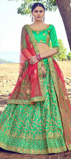 Festive, Wedding Green color Lehenga in Satin Silk, Silk fabric with A Line Embroidered, Stone, Thread, Zari work : 1683019