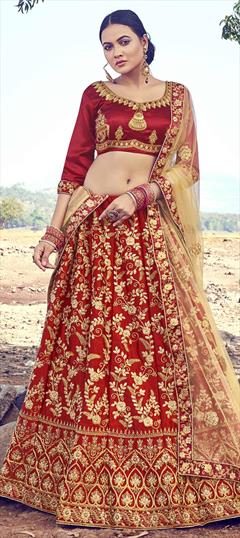 Festive, Wedding Red and Maroon color Lehenga in Satin Silk, Silk fabric with A Line Embroidered, Stone, Thread, Zari work : 1683031