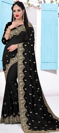 Traditional Black and Grey color Saree in Art Silk, Silk fabric with South Embroidered, Stone, Thread, Zari work : 1683253