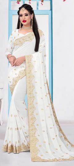 Party Wear White and Off White color Saree in Art Silk, Silk fabric with Classic Embroidered, Stone, Thread, Zari work : 1683261