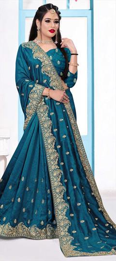 Traditional Blue color Saree in Art Silk, Silk fabric with South Embroidered, Stone, Thread, Zari work : 1683264