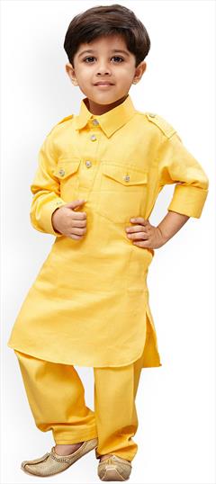 Yellow color Boys Kurta Pyjama in Dupion Silk fabric with Thread work : 1683510