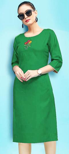 Casual Green color Kurti in Rayon fabric with Long Sleeve, Straight Embroidered, Thread work : 1683535