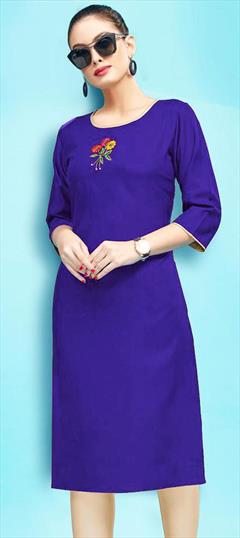 Casual Blue color Kurti in Rayon fabric with Long Sleeve, Straight Embroidered, Thread work : 1683540