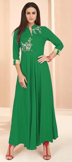 Casual Green color Kurti in Rayon fabric with A Line, Long Sleeve Thread work : 1683556