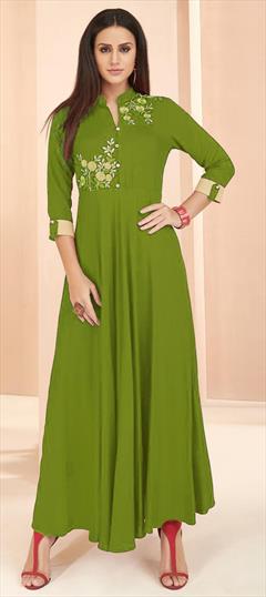 Casual Green color Kurti in Rayon fabric with A Line, Long Sleeve Thread work : 1683558