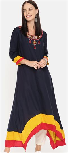 Casual Blue color Kurti in Rayon fabric with Asymmetrical, Long Sleeve Resham, Thread work : 1684137