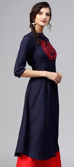 Casual Blue color Kurti in Rayon fabric with Long Sleeve, Slits Resham, Thread work : 1684143