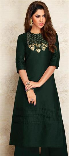 Casual Green color Kurti in Dupion Silk fabric with Long Sleeve, Straight Resham, Thread work : 1684154