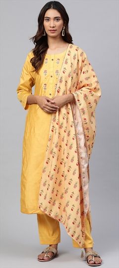 Festive, Party Wear Yellow color Salwar Kameez in Chanderi Silk fabric with Straight Embroidered, Mirror, Thread work : 1684312