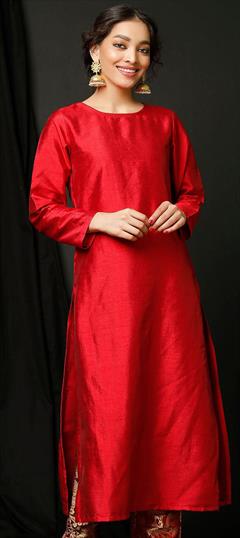 Casual Red and Maroon color Kurti in Dupion Silk fabric with Long Sleeve, Straight Thread work : 1684313