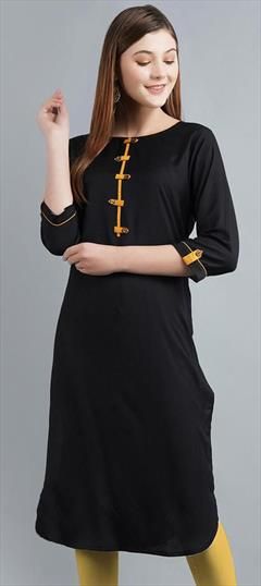 Casual Black and Grey color Kurti in Rayon fabric with Long Sleeve, Straight Thread work : 1684314