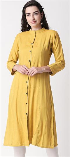 Casual Yellow color Kurti in Rayon fabric with Long Sleeve, Straight Thread work : 1684316