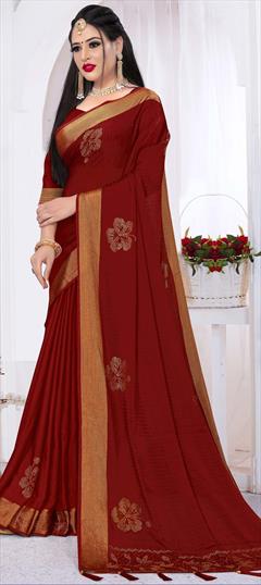 Traditional Red and Maroon color Saree in Art Silk, Silk fabric with South Stone work : 1684514