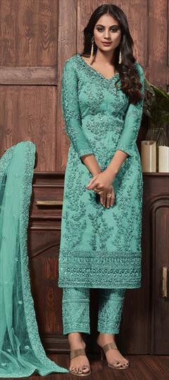 Party Wear Blue color Salwar Kameez in Net fabric with Straight Embroidered, Sequence, Thread work : 1684654