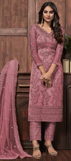 Party Wear Pink and Majenta color Salwar Kameez in Net fabric with Straight Embroidered, Sequence, Thread work : 1684656