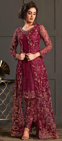 Festive, Reception Pink and Majenta color Salwar Kameez in Net fabric with Pakistani, Slits, Straight Embroidered, Sequence, Thread work : 1684752