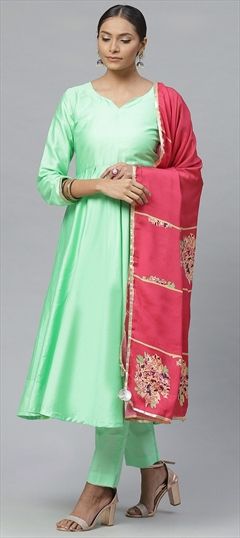 Party Wear Green color Salwar Kameez in Silk cotton fabric with Anarkali Self work : 1685729