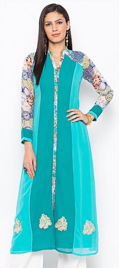 Party Wear Green color Kurti in Georgette fabric with A Line, Long Sleeve Patch work : 1685778