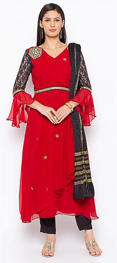 Festive, Party Wear Red and Maroon color Salwar Kameez in Georgette fabric with Asymmetrical Embroidered, Patch, Thread work : 1685805