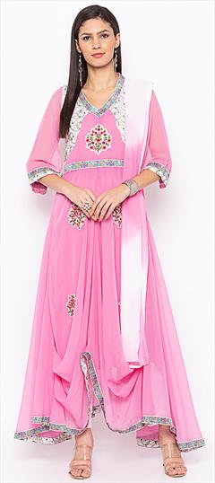 Festive, Party Wear Pink and Majenta color Salwar Kameez in Georgette fabric with Asymmetrical Embroidered, Thread work : 1685820