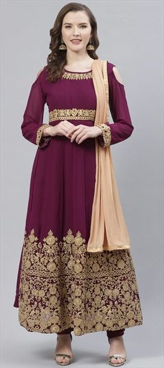 Mehendi Sangeet Purple and Violet color Salwar Kameez in Georgette fabric with Abaya, Anarkali Embroidered, Sequence, Stone, Thread, Zari work : 1685856