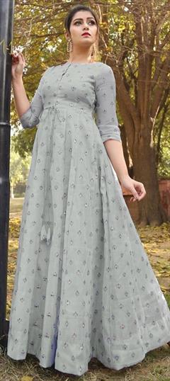 Casual Black and Grey color Gown in Chanderi Silk fabric with Printed work : 1685885