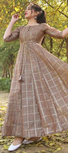 Casual Beige and Brown color Gown in Chanderi Silk fabric with Printed work : 1685886