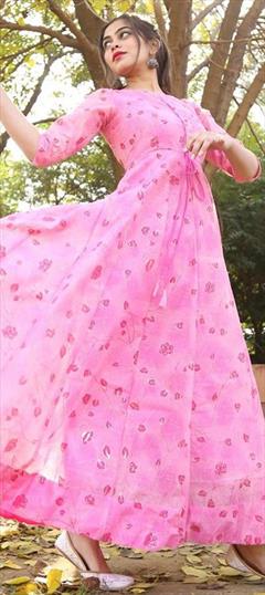 Casual Pink and Majenta color Gown in Chanderi Silk fabric with Printed work : 1685888