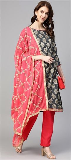 Casual Black and Grey color Salwar Kameez in Chanderi Silk fabric with Straight Thread work : 1685889