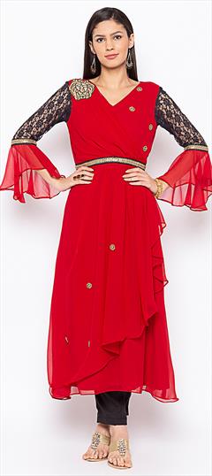 Party Wear Red and Maroon color Tunic with Bottom in Georgette fabric with Embroidered, Patch, Thread work : 1685944