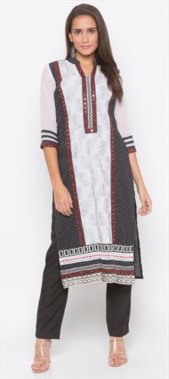 Party Wear Black and Grey, White and Off White color Tunic with Bottom in Cotton fabric with Embroidered, Thread work : 1685946