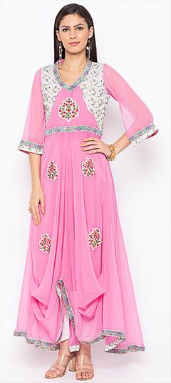 Party Wear Pink and Majenta color Tunic with Bottom in Georgette fabric with Embroidered, Thread work : 1685950