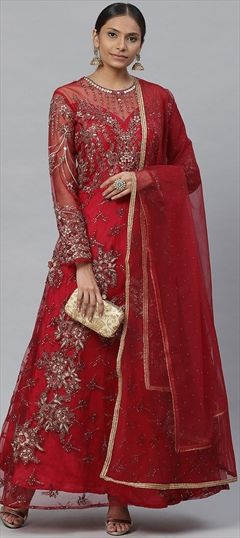 Party Wear Pink and Majenta color Salwar Kameez in Net fabric with Anarkali Bugle Beads, Embroidered, Lace work : 1686087