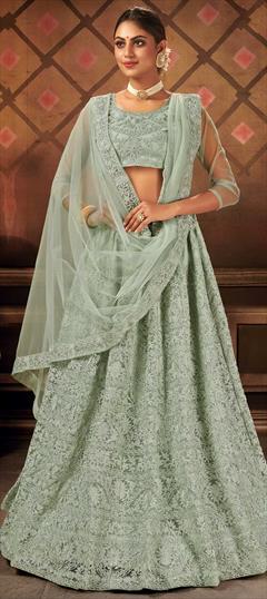 Festive, Reception Green color Lehenga in Net fabric with A Line Embroidered, Resham, Thread work : 1686297