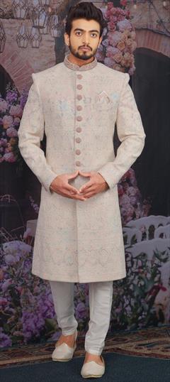 Beige and Brown, Pink and Majenta color Sherwani in Georgette fabric with Embroidered, Sequence, Thread work : 1686298