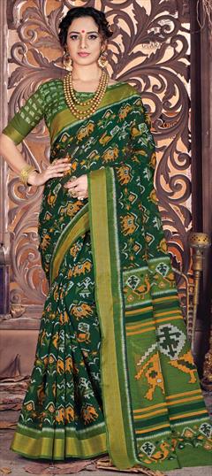 Traditional Green color Saree in Cotton fabric with Bengali Printed work : 1686531