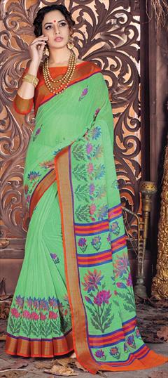 Traditional Green color Saree in Cotton fabric with Bengali Printed work : 1686536