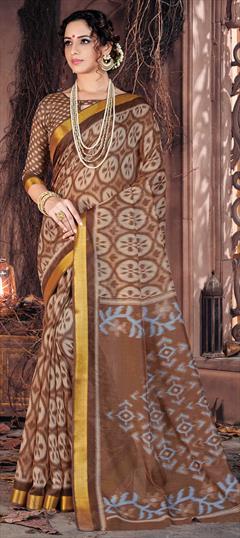 Traditional Beige and Brown color Saree in Cotton fabric with Bengali Printed work : 1686540