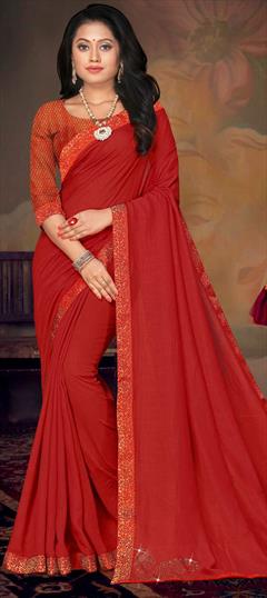 Traditional Red and Maroon color Saree in Art Silk, Silk fabric with South Lace work : 1686796